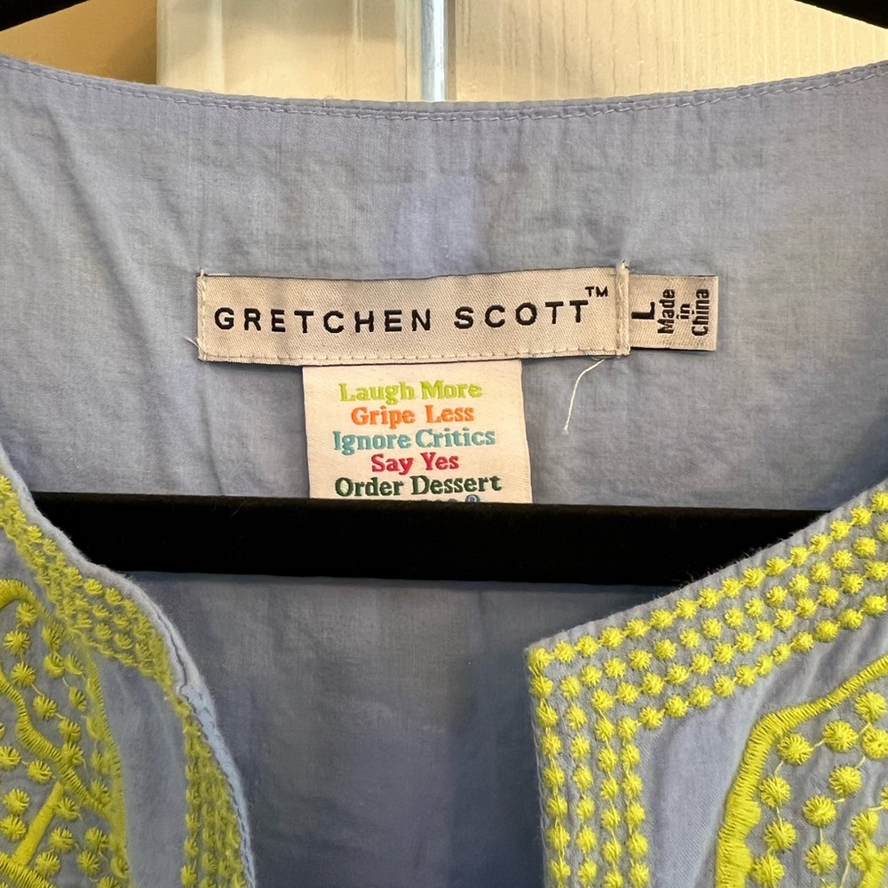 Gretchen Scott Designs Light Blue Dress w/Lime Embroidery, Good used condition - Picture 2 of 9